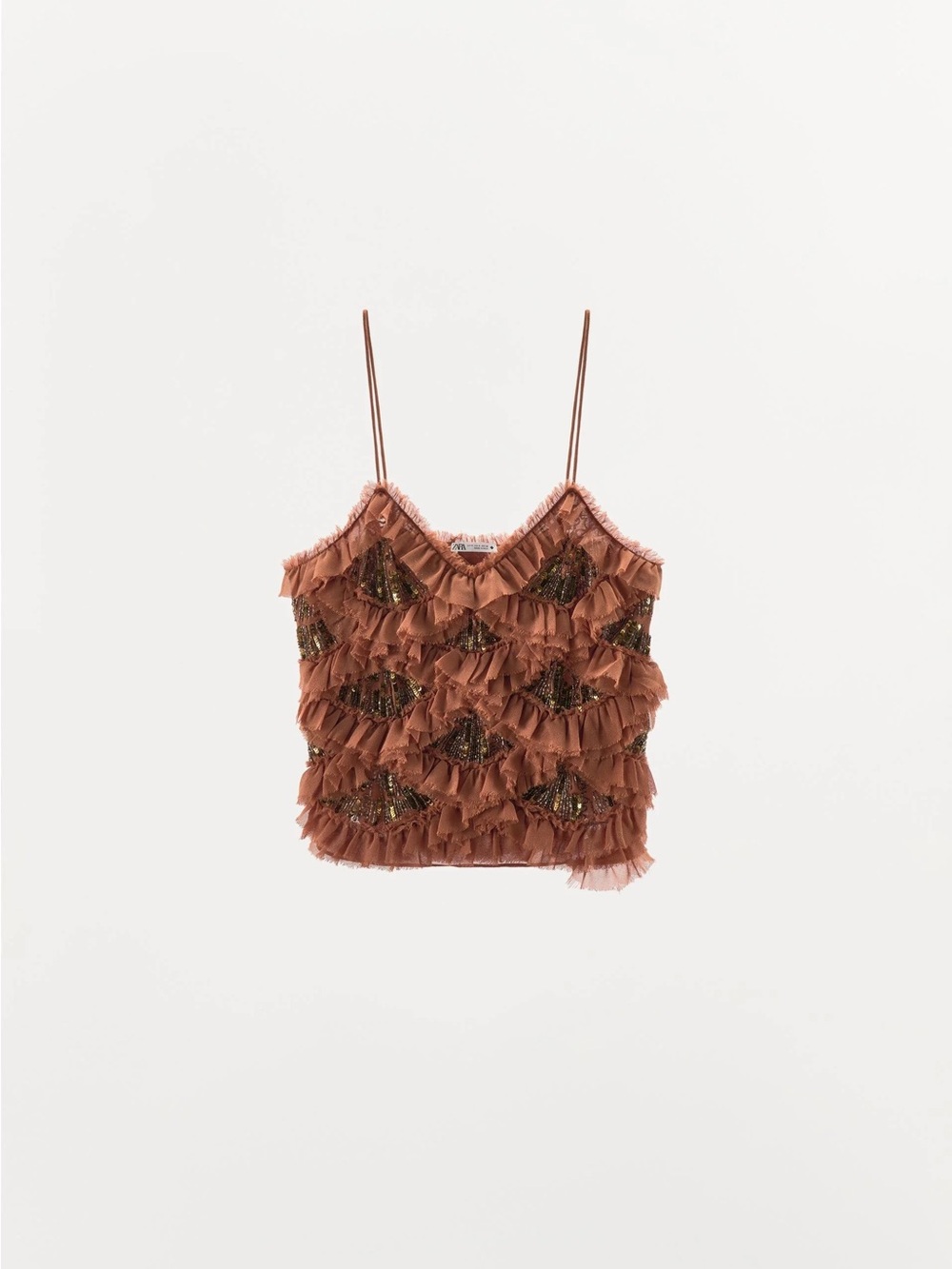 ZARA Rust Ruffle Sequin Spaghetti-Strap Tank Top - Picture 4 of 6